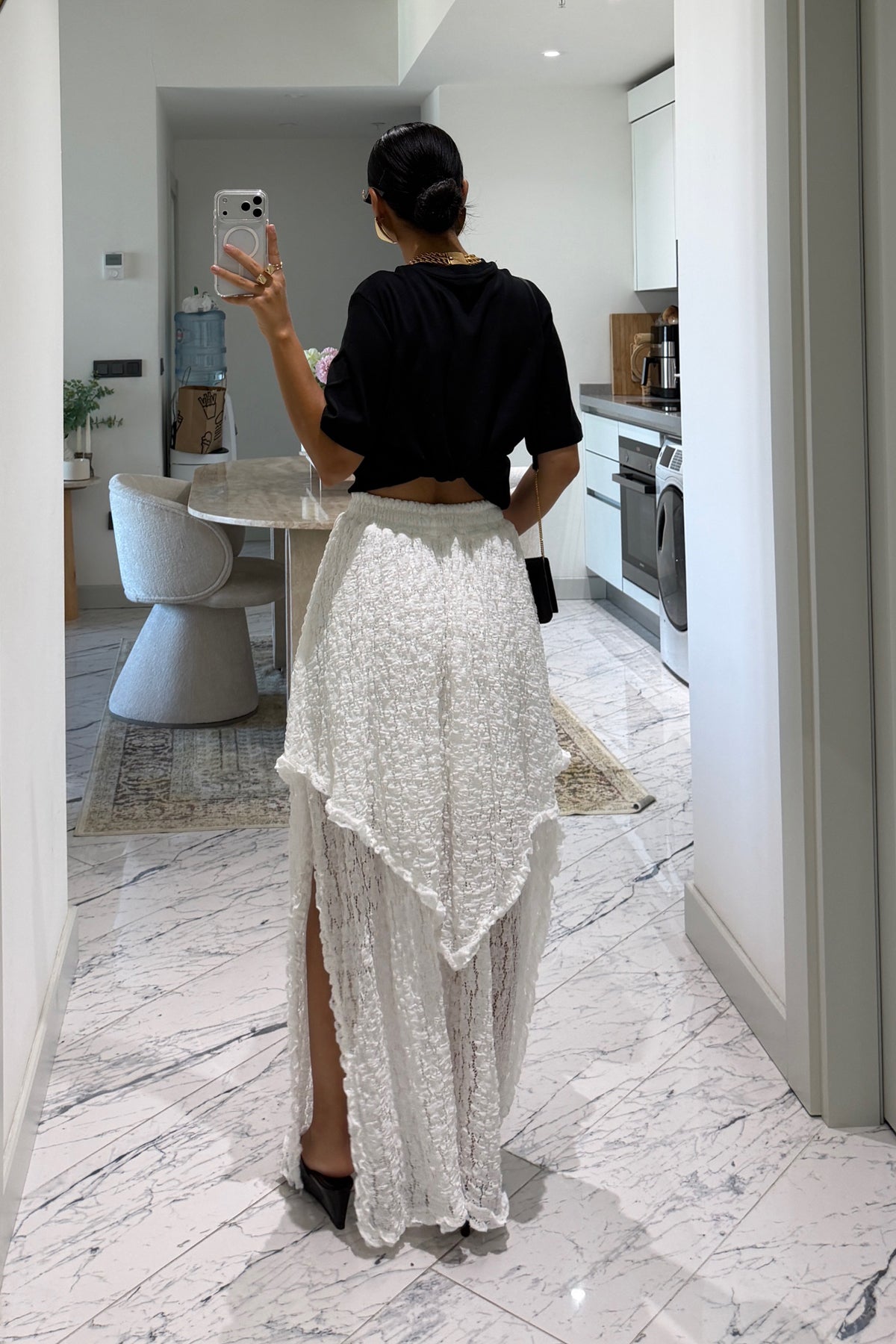 Beyaz Pinterest Asimetrik Dantel Maxi Etek SY-3825-Beyaz