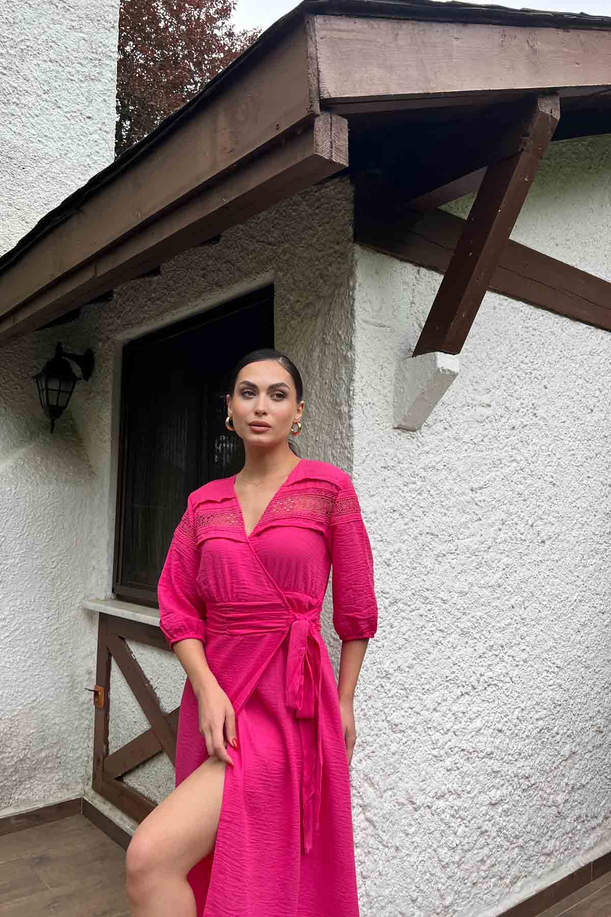 Fuşya Bağlama Detay Yırtmaçlı Elbise SY-2103-Fuşya