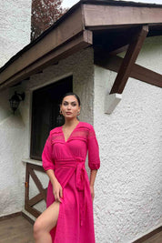 Fuşya Bağlama Detay Yırtmaçlı Elbise SY-2103-Fuşya