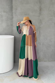 Blok Renkli Garnili Gofre Elbise SY-3044-Blok