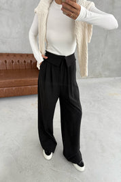 Siyah Kıvrık Bel Detaylı Palazzo Pantolon SY-3411-Siyah