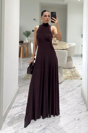 Acı Kahverengi Balıkçı Yaka Maxi Boy Dökümlü Şık Kadın Elbise SY-3632-Kahverengi