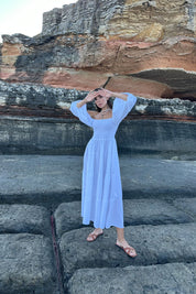 Beyaz Balon Kol Gipe Detaylı Elbise SY-0801-Beyaz