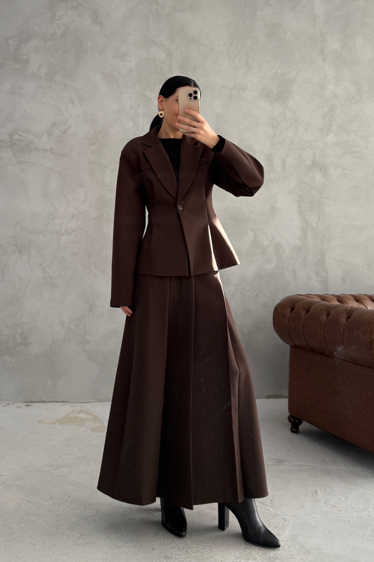 Kahverengi Pli Detaylı Ceket Etek Takım SY-3550-Kahverengi