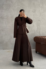 Kahverengi Pli Detaylı Ceket Etek Takım SY-3550-Kahverengi