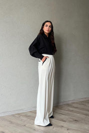 Ekru Önü Pileli Şerit Detaylı Pantolon SY-1809-Ekru