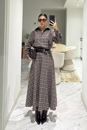 Gömlek Yaka Beli Kemerli Kahve Ekoseli Elbise SY-3611-Kahverengi