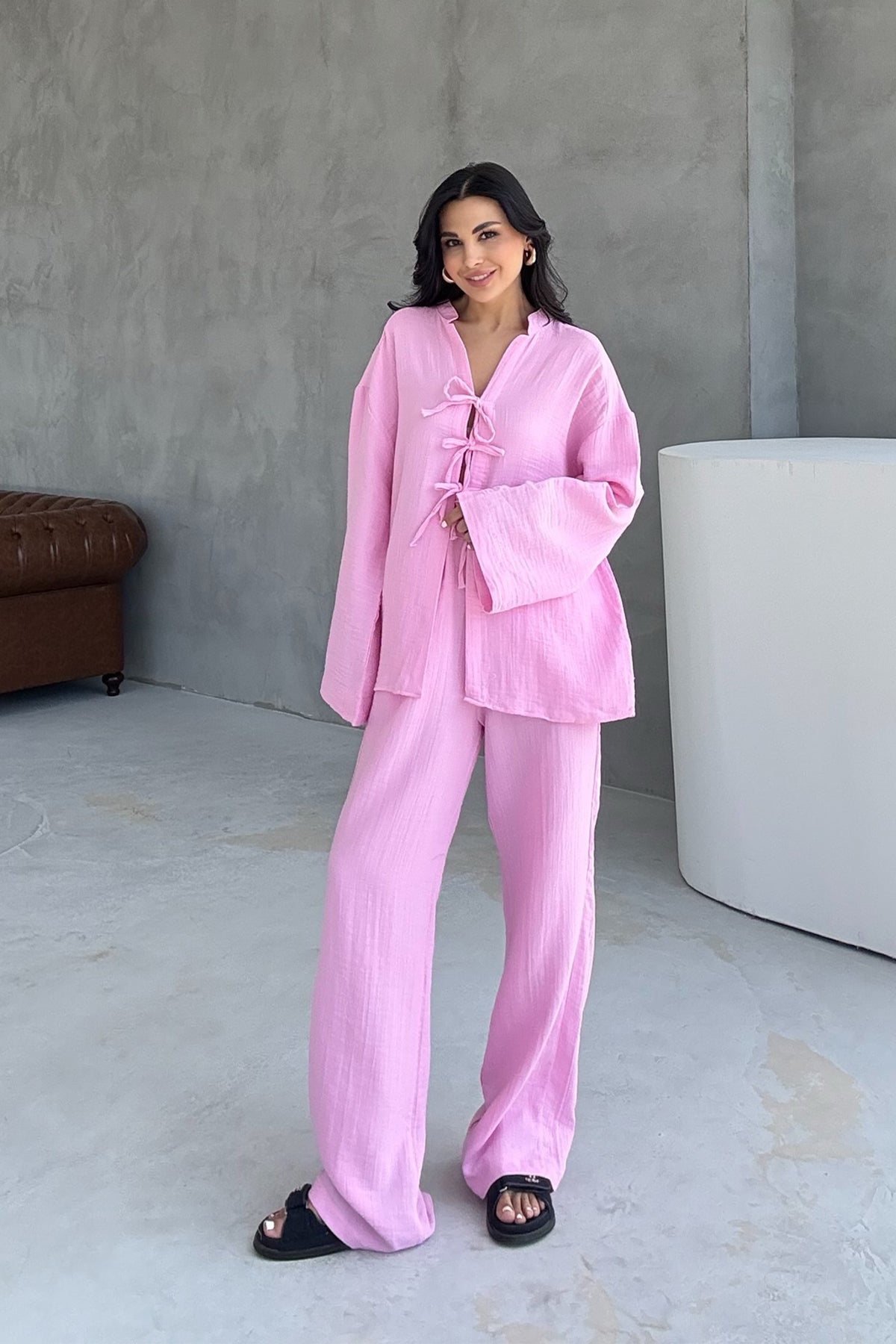 Pembe Ön Bağlama Detaylı Marka Model Müslin Takım SY-3202-Pembe