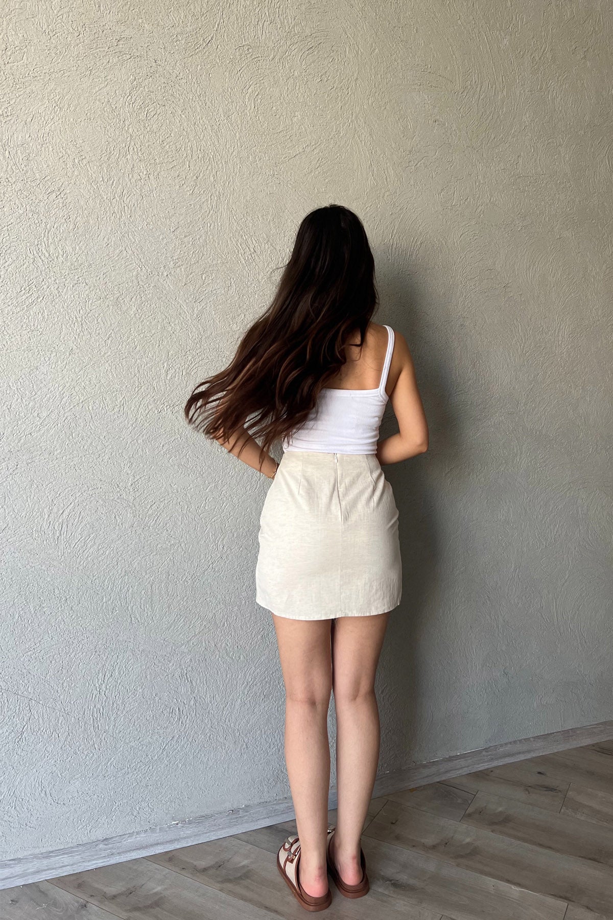 Bej Toka Detaylı Keten Mini Etek SY-2290-Bej