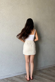 Bej Toka Detaylı Keten Mini Etek SY-2290-Bej