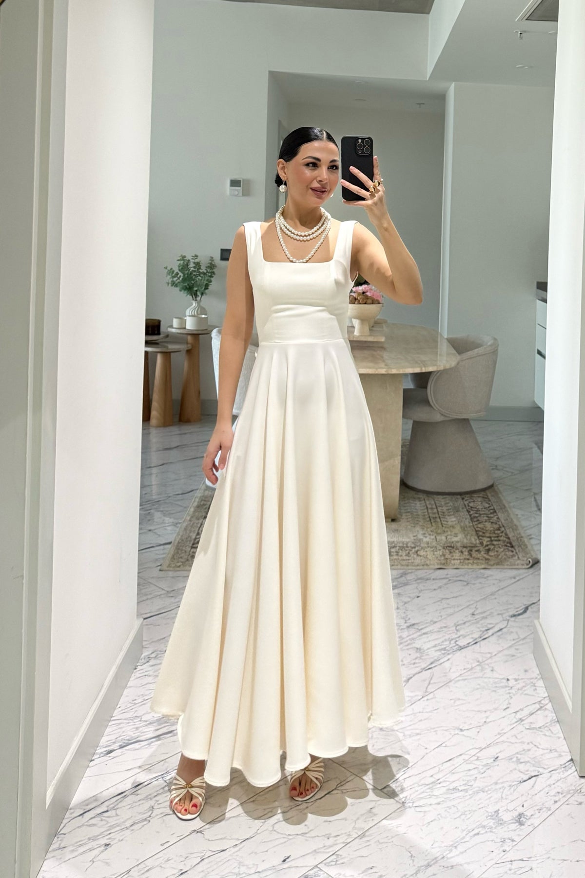 Ekru Kare Yaka Füsun Prenses Elbise SY-3649-Ekru