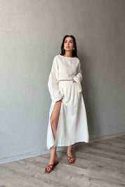 Bej Geniş Kol Detaylı Eteği Yırtmaçlı Müslin Takım SY-1905-Bej