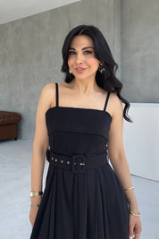 Siyah Geniş Pileli Kemerli Elbise SY-3070-Siyah