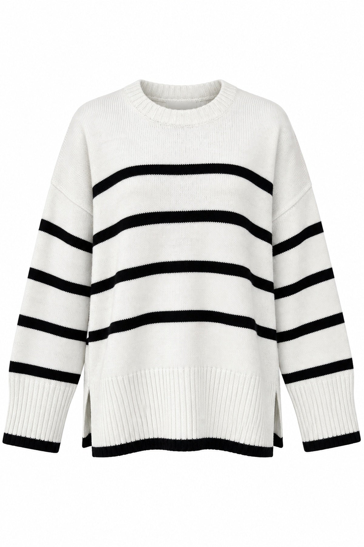 Beyaz Siyah Çizgili Oversize Triko Kazak SY-2401-Beyaz