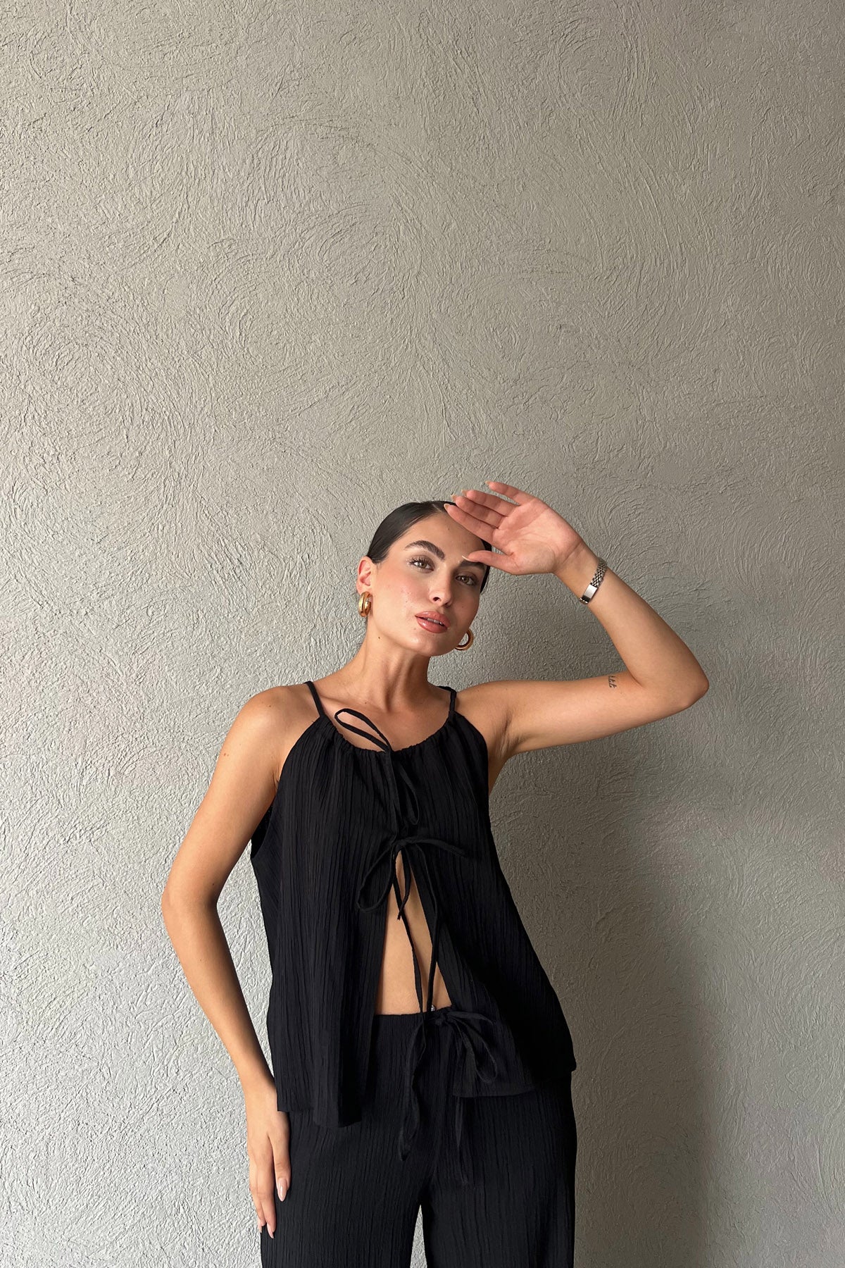 Siyah İp Askılı Bluz Pantolon Takım SY-2259-Siyah