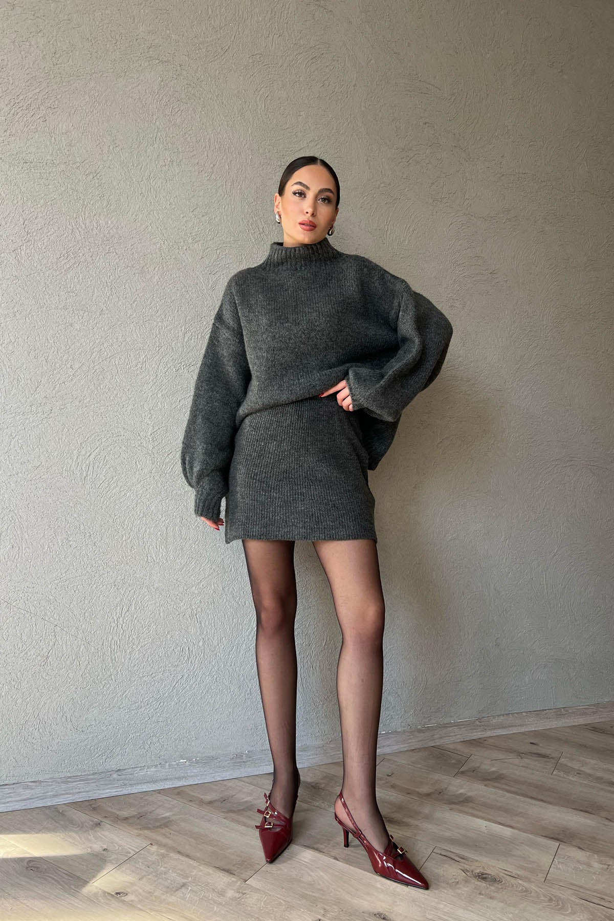 Antrasit Yarım Balıkçı Kazak ve Etek Triko Takım SY-1661-Antrasit