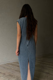 Mavi Kar Yıkamalı Sıfır Kol Denim Elbise SY-2127-Mavi