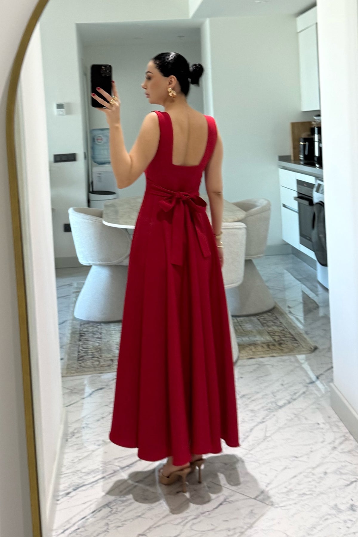 Kırmızı Kare Yaka Füsun Prenses Elbise SY-3649-Kırmızı