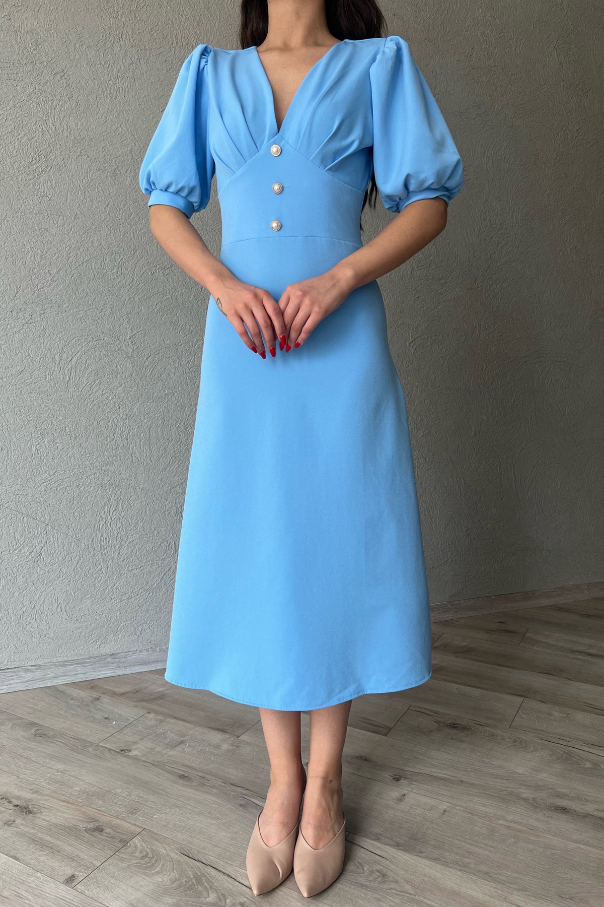 Bebe Mavi İnci Düğme Detay Elbise SY-0351-Bebe Mavi