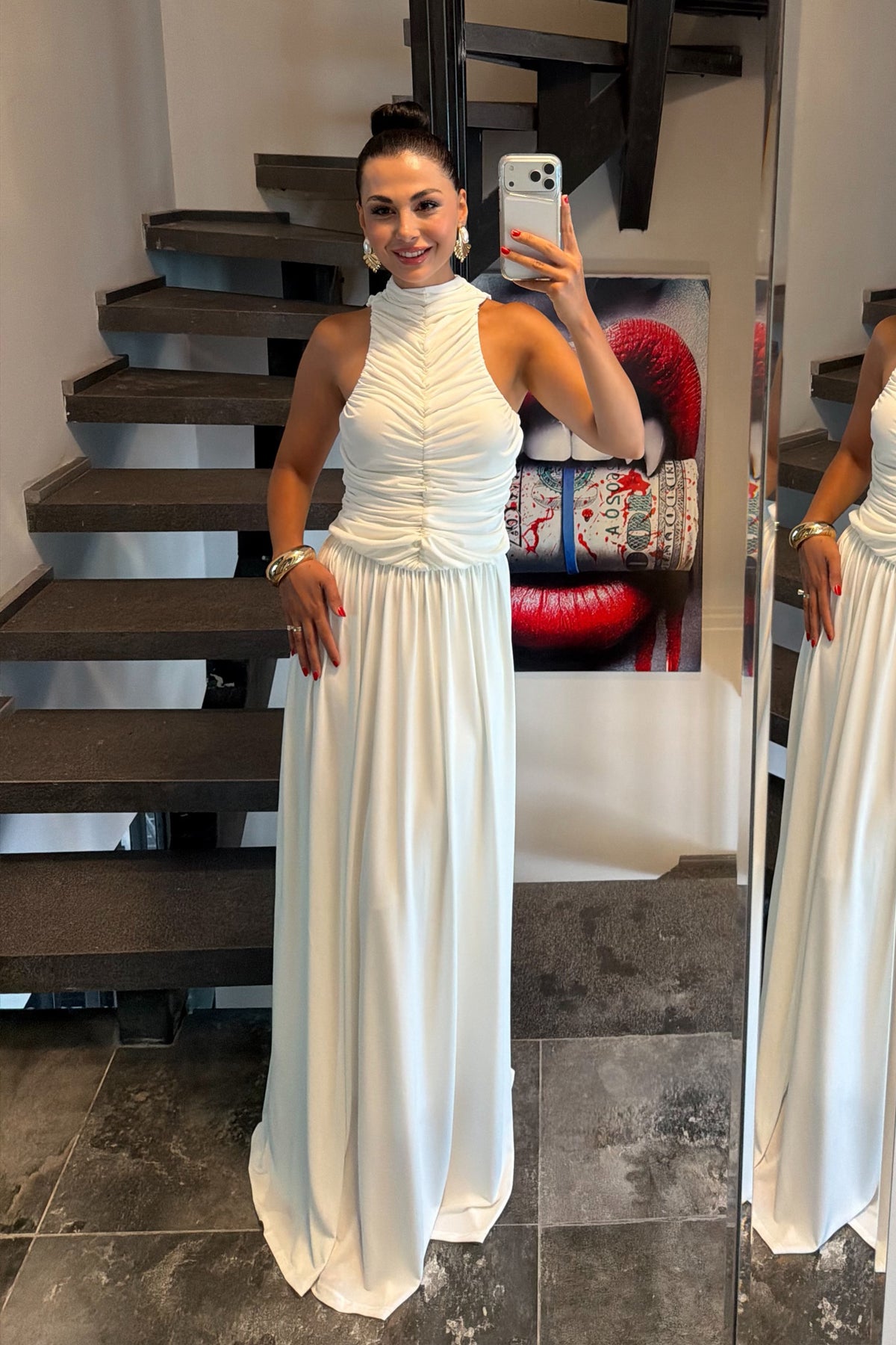 Beyaz Halter Yaka Maxi Davet Elbisesi Ön Drapeli SY-3782-Beyaz