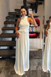 Beyaz Halter Yaka Maxi Davet Elbisesi Ön Drapeli SY-3782-Beyaz