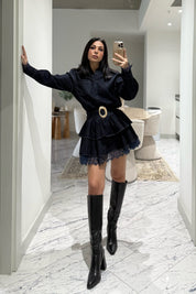 Dantel Detaylı Kemerli Denim Mini Elbise SY-3490-Lacivert