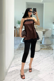 İp Askılı Saten Kahverengi Dantel Detaylı Bluz SY-3655-Kahverengi