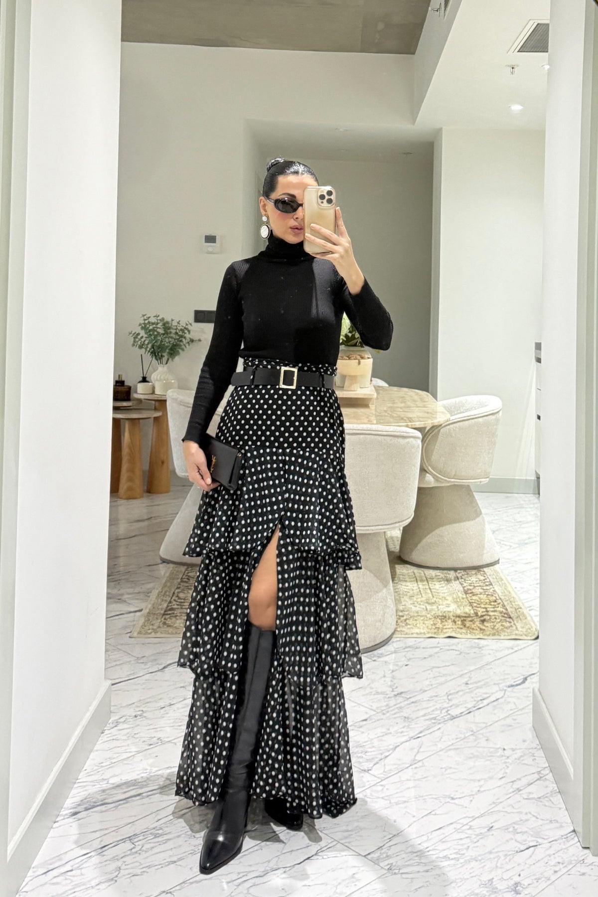 Siyah Puantiyeli Fırfırlı Kat Kat Kemerli ETek SY-3525-Siyah