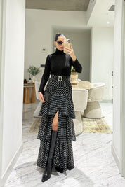 Siyah Puantiyeli Fırfırlı Kat Kat Kemerli ETek SY-3525-Siyah