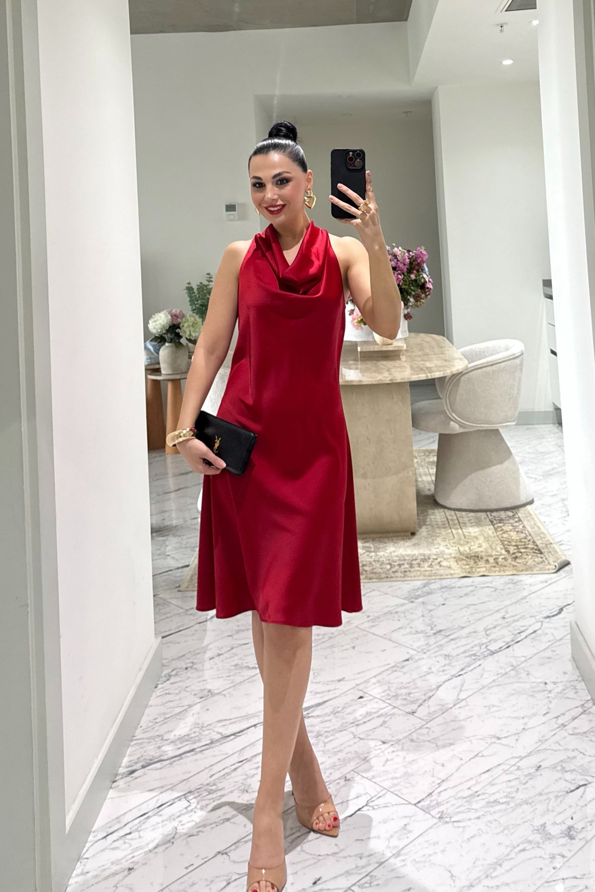 Kırmızı Degaje Yaka Saten Elbise SY-3683-Kırmızı