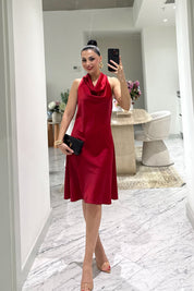 Kırmızı Degaje Yaka Saten Elbise SY-3683-Kırmızı