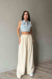 Bej Pile Detaylı Organic Palazzo Pantolon SY-2011-Bej