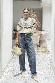 Ekru Nakış İşlemeli Kısa Kollu Triko SY-3552-Ekru