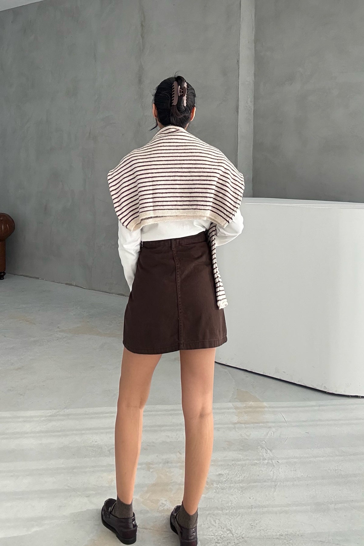 Kahve Düğmeli Cepli Mini Denim Etek SY-3432-Kahve