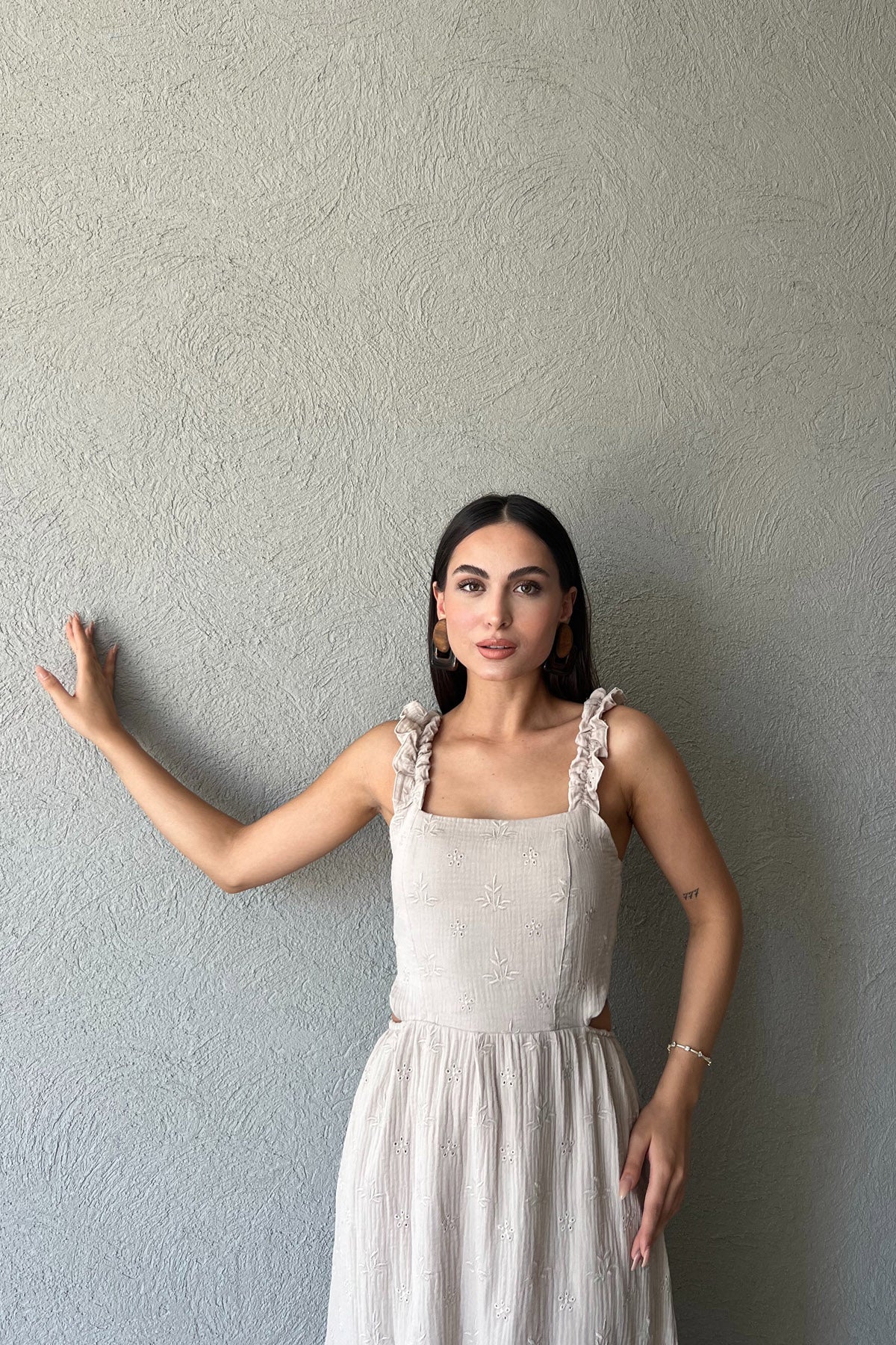 Bej Desenli Kolu Fırfırlı Bağlamalı Elbise SY-2347-Bej