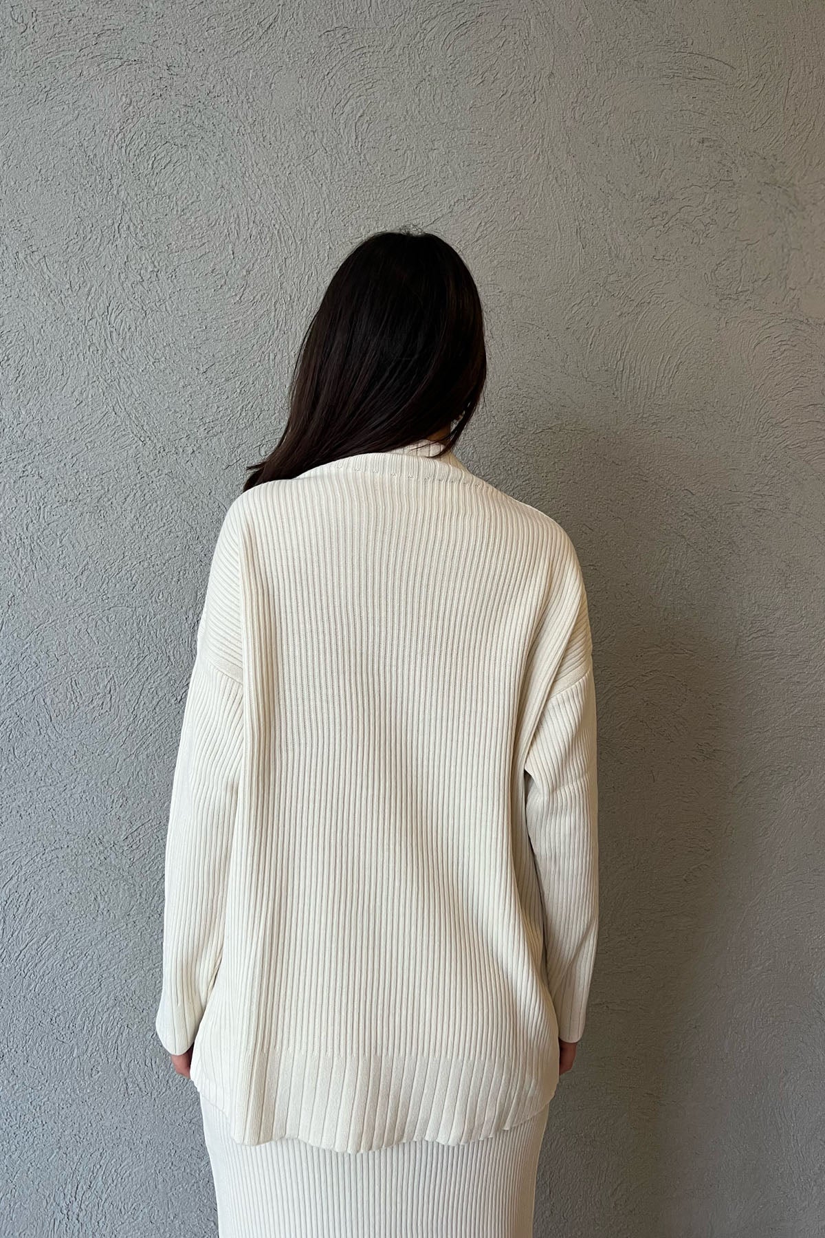 Bej Yarım Balıkçı Yaka Kazak Fitilli Beli Lastikli Etek Triko Takım SY-1352-Bej