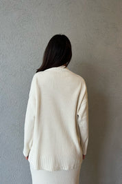 Bej Yarım Balıkçı Yaka Kazak Fitilli Beli Lastikli Etek Triko Takım SY-1352-Bej