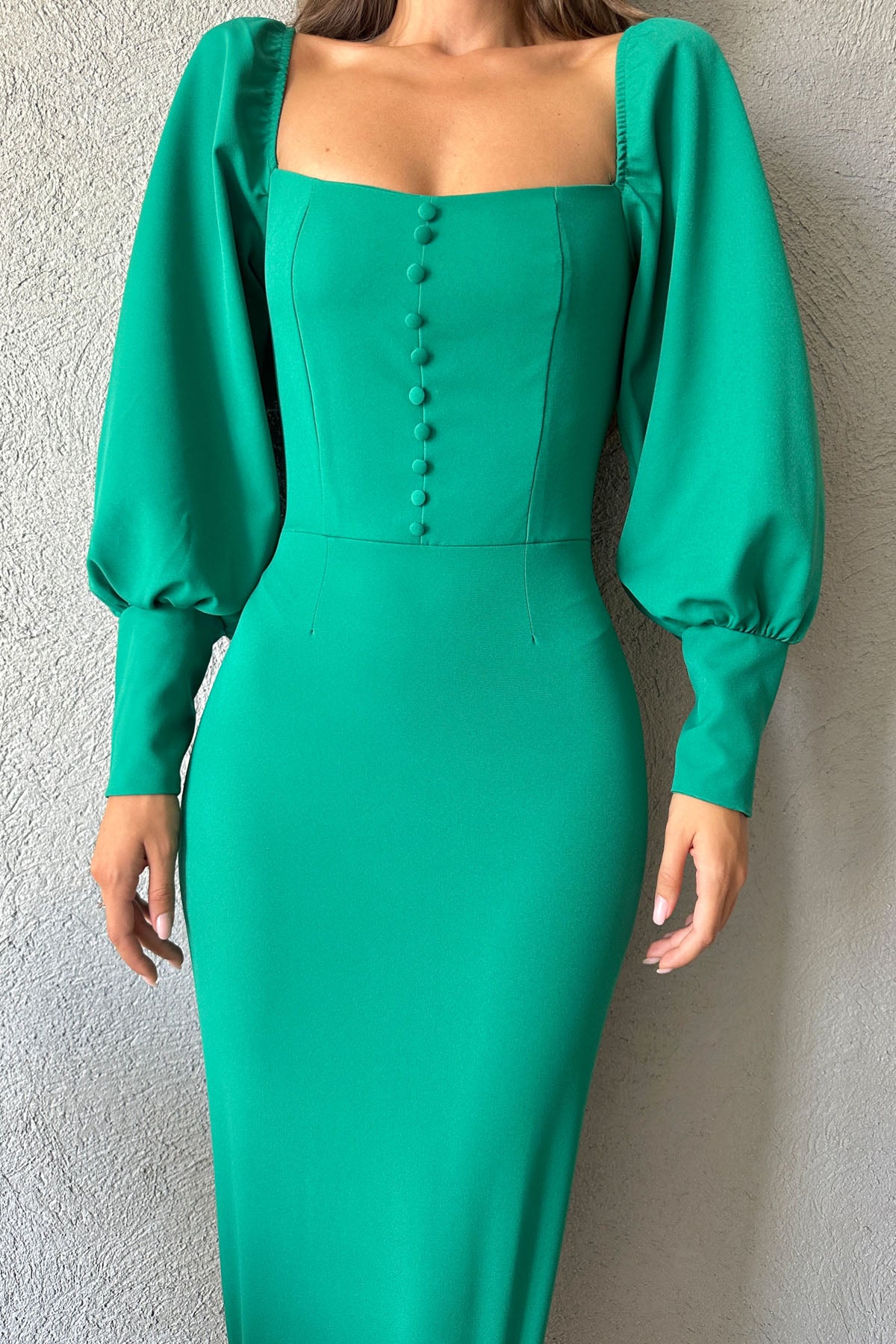 Yeşil Kare Yaka Düğme Detaylı Elbise SY-0964-Yeşil