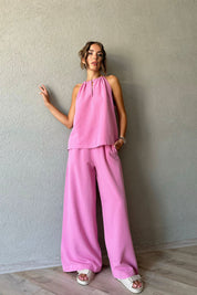 Pembe Keten Boyundan Bağlamalı Bluz ve Beli Lastikli Pantolon Takım SY-0758-Pembe