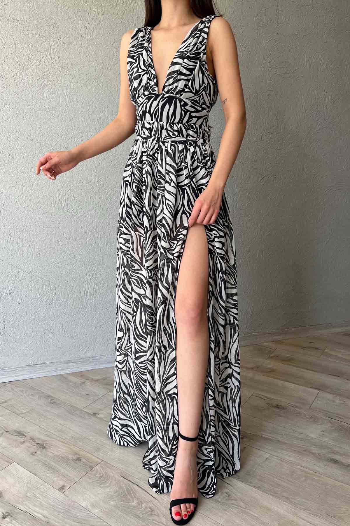 Siyah Desenli Yırtmaçlı Nice Elbise SY-1955-Siyah