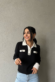 Siyah Düğme Detaylı Patlı Cepli Kazak SY-1163-Siyah