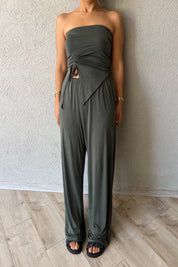 Açık Haki Büzgü Detaylı Bluz ve Salaş Pantolon Takım SY-2144-Açık Haki