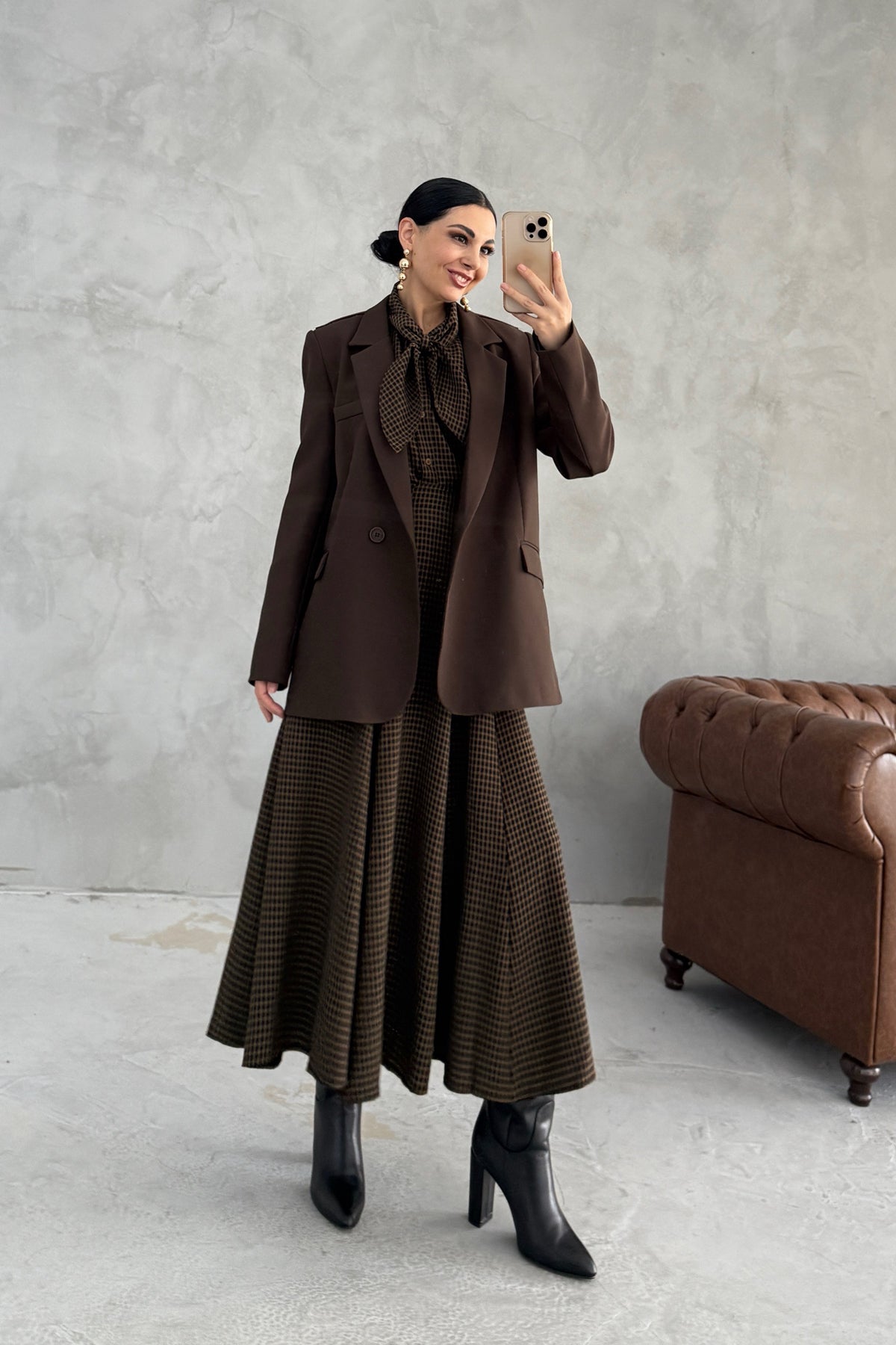 Haki Ekose Vintage Fularlı Gömlek Ve Etek Takım SY-3548-Haki