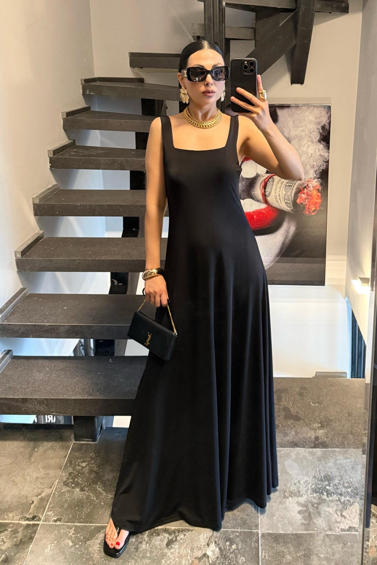 Siyah Kare Yaka Sandy Maxi Elbise SY-3709-Siyah