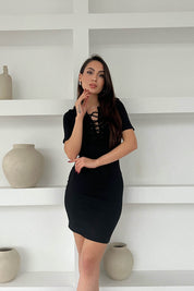 Siyah Yakası Bağcıklı Kısa Kol Basic Elbise SY-1680-Siyah