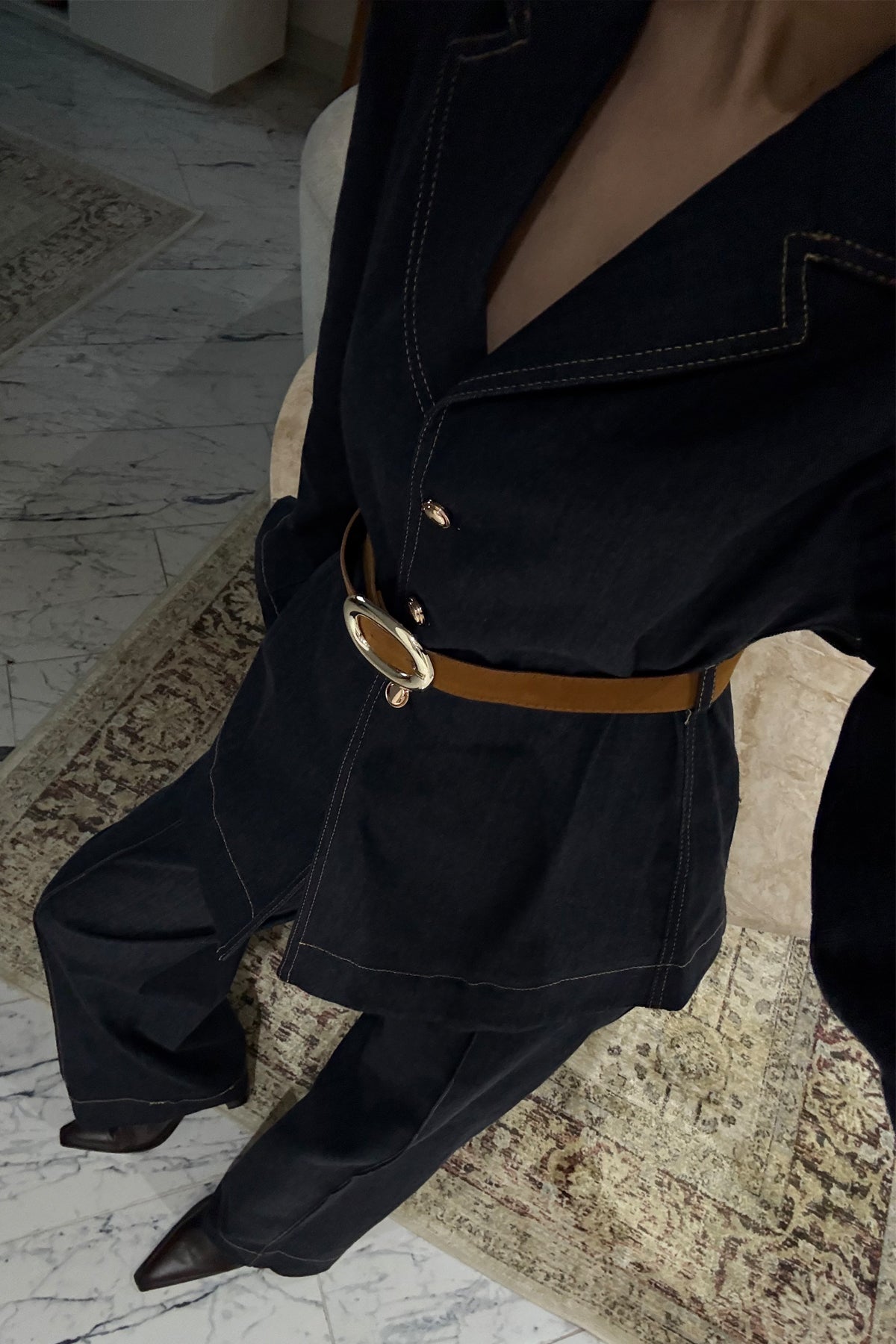 Kadın Kemerli Fit Denim Ceket ve Pantolon Takım SY-3534-Lacivert