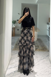 Siyah Ekoseli Fırfırlı Kat Kat Kemerli ETek SY-3525-SiyahEkose