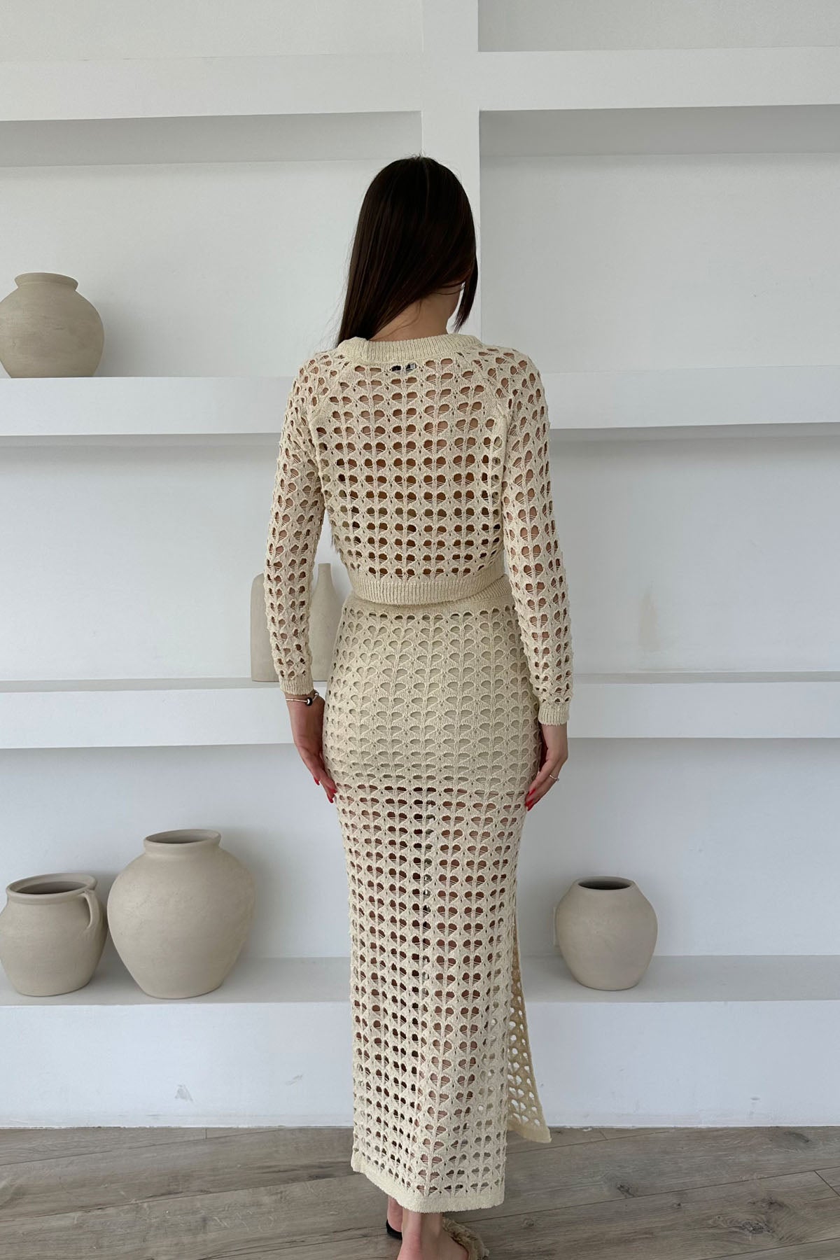 Krem Delikli Triko Bluz ve Etek Takım SY-0482-Krem