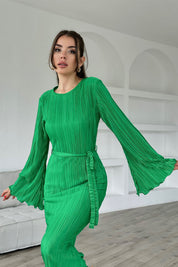 Çimen Yeşili İspanyol Kol Piliseli Kuşaklı Elbise SY-0088-Çimen Yeşili