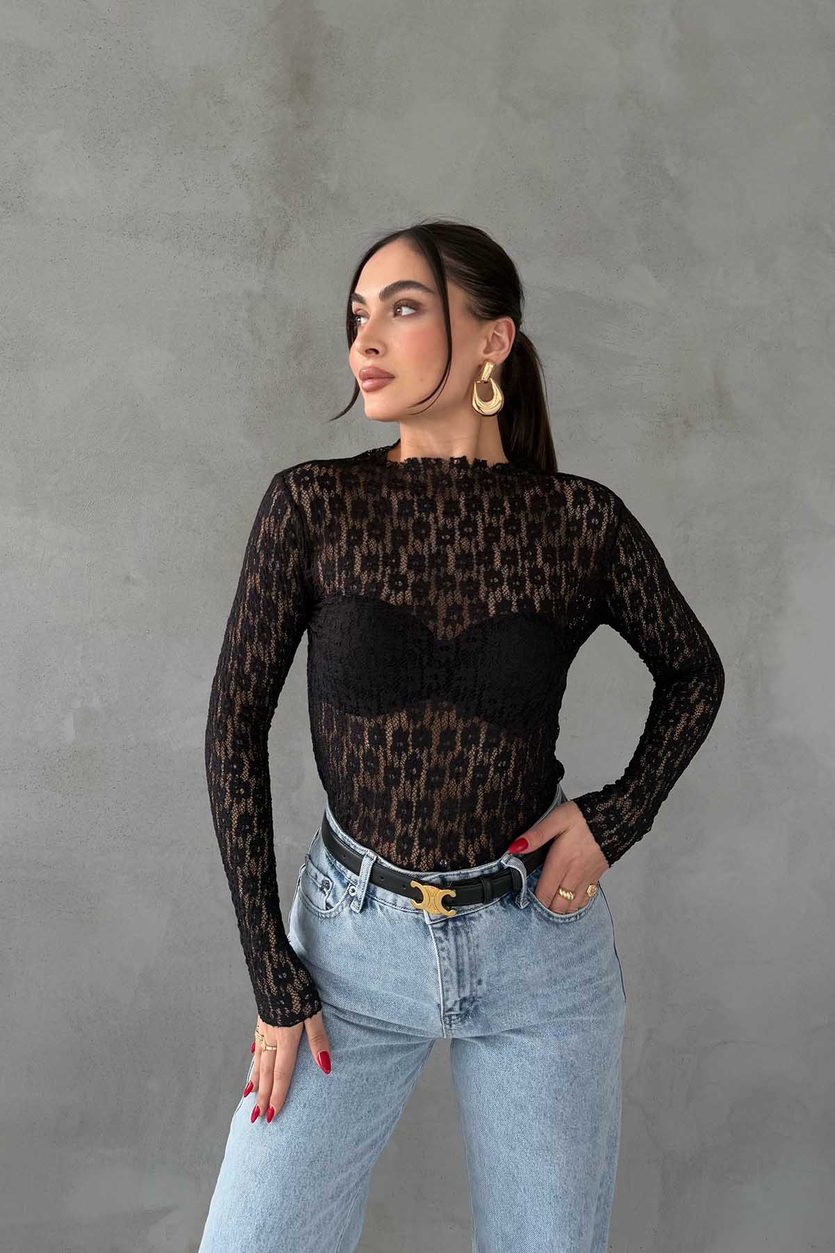 Slim Fit Uzun Kollu Dik Yaka Siyah Transparan Dantel Bluz SY-2995-Siyah